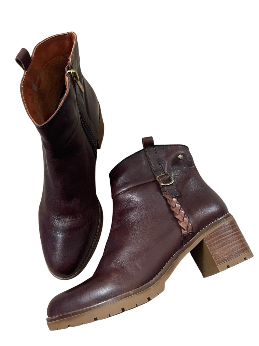 PIKOLINOS Llanes Dark Brown Calfskin Leather Braided Block Heel Ankle Boots